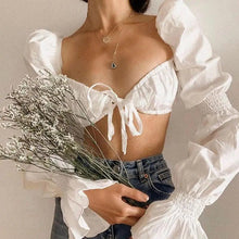 Load image into Gallery viewer, Trendy Summer cute casual elegant puff long sleeve ruffle lace up best fashion Ruched crop top shirts
