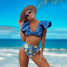 Load image into Gallery viewer, Two-Pieces Women Floral Push-Up Padded Bra Ruffles Bikini Set Swimsuit Swimwear Bathing Suit Beachwear Floral Printed Swimsuit Knotted String Triangle Bikini Tie Side High Cut Cheeky Bikini Set
