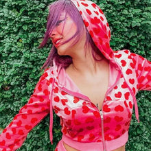 Load image into Gallery viewer, Unique Design Velvet Heart Print Cropped Top Bomber Jacket For Women Autumn Cute Pink Long Sleeve Coats Zipper Winter Overcoat
