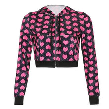 Load image into Gallery viewer, Unique Design Velvet Heart Print Cropped Top Bomber Jacket For Women Autumn Cute Pink Long Sleeve Coats Zipper Winter Overcoat
