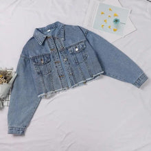Load image into Gallery viewer, Unique Design Women's Denim Cropped Jacket Female Pockets Hole Short Jean Jackets Ladies Fashionable Button Casual Solid Coats
