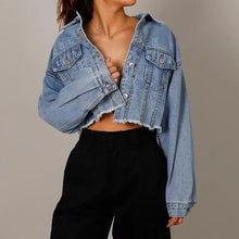 Load image into Gallery viewer, Unique Design Women's Denim Cropped Jacket Female Pockets Hole Short Jean Jackets Ladies Fashionable Button Casual Solid Coats
