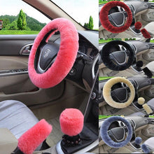 Load image into Gallery viewer, Universal Cute and Stylish Fluffy Fur Steering Wheel Cover Steering-wheel Plush Car Steering Wheel Warm Soft Fur Fuzzy Steering Wheel Covers Winter Faux fur Hand Brake &amp; Gear Cover Set Car Interior Accessories Fuzzy Steering Wheel Cover for Women
