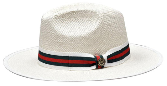 Bruno Capelo Valentino Straw Wide Brim Fedora Hat | VA-400 White with White/Green/Red Band