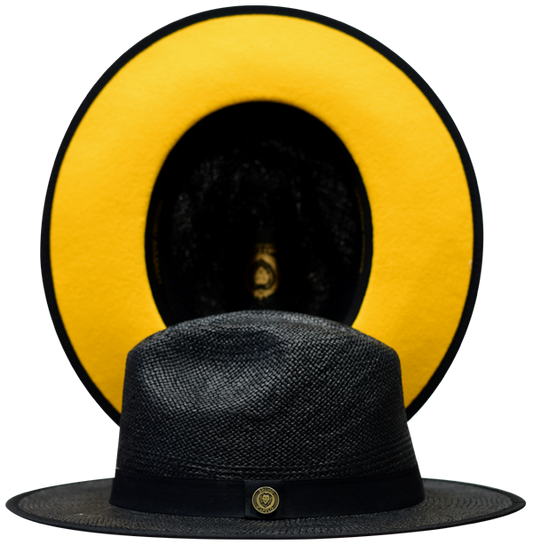 Bruno Capelo Kingdom Straw Fedora Flat Wide Brim Hat | KI-500 Black with Gold undertone