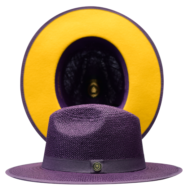 Bruno Capelo Kingdom Straw Fedora Flat Wide Brim Hat | KI21 Purple with Gold undertone