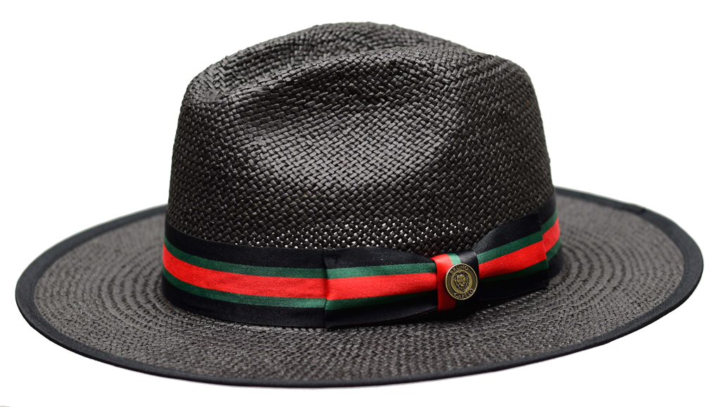 Bruno Capelo Valentino Straw Wide Brim Fedora Hat | VA-403 Black with Black/Green/Red Stripe Band