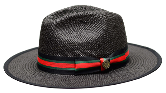 Bruno Capelo Valentino Straw Wide Brim Fedora Hat | VA-403 Black with Black/Green/Red Stripe Band