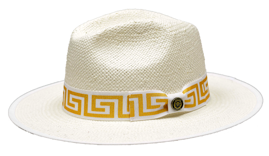 Bruno Capelo Valentino Straw Wide Brim Fedora Hat | VA-405 White with Gold Geometric Versace-like Print Band