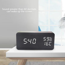 Load image into Gallery viewer, USB/AAA Powered LED Digital Clock Wooden Alarm Clock Table Clock Wooden Digital Alarm Clock with Wireless Charging 3 Alarms LED Display Sound Control and Snooze Dual for Bedroom Bedside Office Voice Control Electronic Clock Desktop Decor
