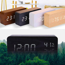 Load image into Gallery viewer, USB/AAA Powered LED Digital Clock Wooden Alarm Clock Table Clock Wooden Digital Alarm Clock with Wireless Charging 3 Alarms LED Display Sound Control and Snooze Dual for Bedroom Bedside Office Voice Control Electronic Clock Desktop Decor
