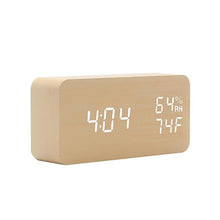 Load image into Gallery viewer, USB/AAA Powered LED Digital Clock Wooden Alarm Clock Table Clock Wooden Digital Alarm Clock with Wireless Charging 3 Alarms LED Display Sound Control and Snooze Dual for Bedroom Bedside Office Voice Control Electronic Clock Desktop Decor
