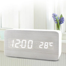 Load image into Gallery viewer, USB/AAA Powered LED Digital Clock Wooden Alarm Clock Table Clock Wooden Digital Alarm Clock with Wireless Charging 3 Alarms LED Display Sound Control and Snooze Dual for Bedroom Bedside Office Voice Control Electronic Clock Desktop Decor
