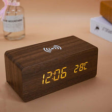 Load image into Gallery viewer, USB/AAA Powered LED Digital Clock Wooden Alarm Clock Table Clock Wooden Digital Alarm Clock with Wireless Charging 3 Alarms LED Display Sound Control and Snooze Dual for Bedroom Bedside Office Voice Control Electronic Clock Desktop Decor
