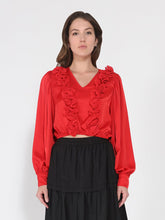 Load image into Gallery viewer, V-Neck Long Sleeve Ruffle Detailed Crop Top
