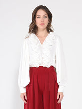 Load image into Gallery viewer, V-Neck Long Sleeve Ruffle Detailed Crop Top
