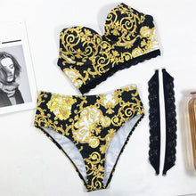 Load image into Gallery viewer, Vintage Black Print Women's Bikini Set Women's Halter Beautiful Print High Waist Swimsuit Bathing Suits Bikini Set Lace Strappy Padded Bra High Waist Bottoms Swimsuit Fashion Female Beachwear Luxury Swimwear
