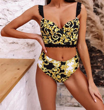 Load image into Gallery viewer, Vintage Black Print Women's Bikini Set Women's Halter Beautiful Print High Waist Swimsuit Bathing Suits Bikini Set Lace Strappy Padded Bra High Waist Bottoms Swimsuit Fashion Female Beachwear Luxury Swimwear
