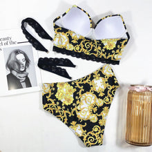 Load image into Gallery viewer, Vintage Black Print Women's Bikini Set Women's Halter Beautiful Print High Waist Swimsuit Bathing Suits Bikini Set Lace Strappy Padded Bra High Waist Bottoms Swimsuit Fashion Female Beachwear Luxury Swimwear
