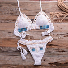 Load image into Gallery viewer, Vintage Blue Bikinis 2 Piece Halter Bikini Set Women High Waist Sequin Swimsuit  Set Handmade Crochet High Quality Swimsuit Women Push Up Swimwear Knitted Beach Wear Bathing Suit
