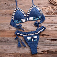 Load image into Gallery viewer, Vintage Blue Bikinis 2 Piece Halter Bikini Set Women High Waist Sequin Swimsuit  Set Handmade Crochet High Quality Swimsuit Women Push Up Swimwear Knitted Beach Wear Bathing Suit
