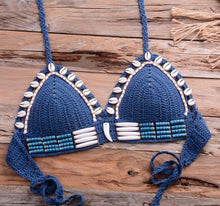 Load image into Gallery viewer, Vintage Blue Bikinis 2 Piece Halter Bikini Set Women High Waist Sequin Swimsuit  Set Handmade Crochet High Quality Swimsuit Women Push Up Swimwear Knitted Beach Wear Bathing Suit
