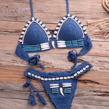 Load image into Gallery viewer, Vintage Blue Bikinis 2 Piece Halter Bikini Set Women High Waist Sequin Swimsuit  Set Handmade Crochet High Quality Swimsuit Women Push Up Swimwear Knitted Beach Wear Bathing Suit
