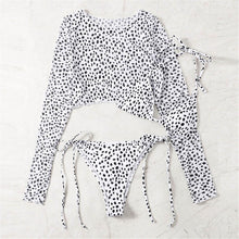 Load image into Gallery viewer, Vintage Halter Printed Leopard Bikini Female Lace Up Bottom Swimsuit Women Swimwear Long Sleeve Bathing Suits Leopard Print Swimsuit Three-pieces Bikini Set Long Sleeve Bathing Suit Cute Swimwear
