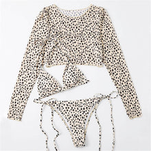 Load image into Gallery viewer, Vintage Halter Printed Leopard Bikini Female Lace Up Bottom Swimsuit Women Swimwear Long Sleeve Bathing Suits Leopard Print Swimsuit Three-pieces Bikini Set Long Sleeve Bathing Suit Cute Swimwear
