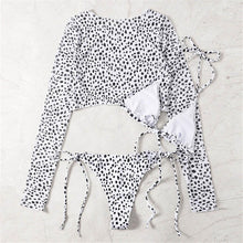 Load image into Gallery viewer, Vintage Halter Printed Leopard Bikini Female Lace Up Bottom Swimsuit Women Swimwear Long Sleeve Bathing Suits Leopard Print Swimsuit Three-pieces Bikini Set Long Sleeve Bathing Suit Cute Swimwear
