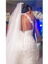 Load image into Gallery viewer, Vintage Lace Beaded Mermaid Wedding Dress - Sheer Neck Bridal Gown
