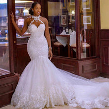 Load image into Gallery viewer, Vintage Lace Beaded Mermaid Wedding Dress - Sheer Neck Bridal Gown
