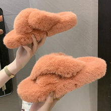 Load image into Gallery viewer, Warm Fluffy Fur Slippers Shoes Women Flip Flop Flat Furry Slides Outdoor Sandals Woman Open Toe Slippers Plush Cross Band Fleece Comfy Memory Foam House Indoor Winter Shoes
