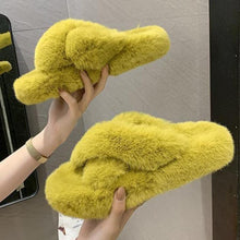 Load image into Gallery viewer, Warm Fluffy Fur Slippers Shoes Women Flip Flop Flat Furry Slides Outdoor Sandals Woman Open Toe Slippers Plush Cross Band Fleece Comfy Memory Foam House Indoor Winter Shoes
