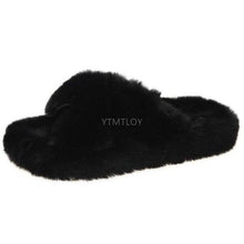 Load image into Gallery viewer, Warm Fluffy Fur Slippers Shoes Women Flip Flop Flat Furry Slides Outdoor Sandals Woman Open Toe Slippers Plush Cross Band Fleece Comfy Memory Foam House Indoor Winter Shoes
