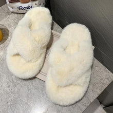 Load image into Gallery viewer, Warm Fluffy Fur Slippers Shoes Women Flip Flop Flat Furry Slides Outdoor Sandals Woman Open Toe Slippers Plush Cross Band Fleece Comfy Memory Foam House Indoor Winter Shoes
