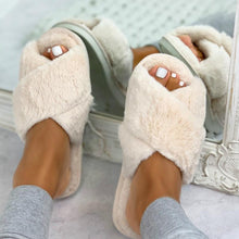 Load image into Gallery viewer, Warm Fluffy Slippers Women Cozy Faux Fur Cross Indoor Floor Slides Flat Soft Furry Flip Flops Fuzzy Slippers Cross Band Fluffy Slippers Faux Fur Slippers Plush House Open Toe Cozy Slippers For Women
