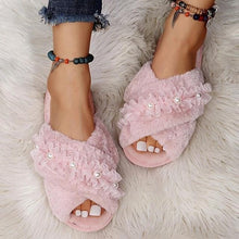 Load image into Gallery viewer, Warm Fluffy Slippers Women Cozy Faux Fur Cross Indoor Floor Slides Flat Soft Furry Flip Flops Fuzzy Slippers Cross Band Fluffy Slippers Faux Fur Slippers Plush House Open Toe Cozy Slippers For Women
