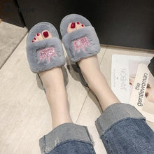 Load image into Gallery viewer, Warm Fluffy Slippers Women Faux Fur Slipper Indoor Floor Slides Flat Soft Furry House Shoes Heart Shape Flip Flops Faux Fur Memory Foam Cozy Flat Spa Slide Slippers Comfy Open Toe Design
