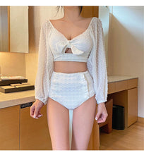 Load image into Gallery viewer, White High Waist Bikini Women Solid Swimwear  Cover Up Swimsuit Sheer Mesh Tie Crop Top Bikini Sets Lace Long Sleeve Bikini Off Shoulder Swimsuit Push Up Mesh Pad Bathing Suit
