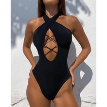 Load image into Gallery viewer, White One Piece Women Fashion Lace-up Plunge Swimsuit Sleeveless Solid Swimwear For Girls
