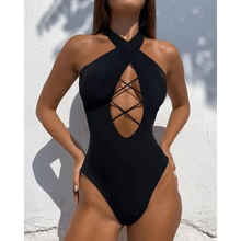 Load image into Gallery viewer, White One Piece Women Fashion Lace-up Plunge Swimsuit Sleeveless Solid Swimwear For Girls
