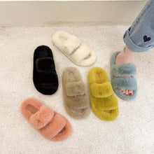 Load image into Gallery viewer, Winter Women Slippers Flat Casual Shoes Women Slippers Furry Slippers Thick Bottom Home Soft Slippers Faux Fur Slippers Comfy Open Toe Two Band Slides With Fleece Lining And Rubber Sole
