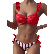 Load image into Gallery viewer, Women 2Pcs Summer Beach Bathing Suit Bowknot Ruffle Sleeve Crop Tops  Striped Print Swimsuit  Bikini Sets 2 Piece Ruffled V Neck Bathing Suits Summer Swimwear
