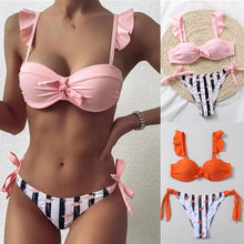 Load image into Gallery viewer, Women 2Pcs Summer Beach Bathing Suit Bowknot Ruffle Sleeve Crop Tops  Striped Print Swimsuit  Bikini Sets 2 Piece Ruffled V Neck Bathing Suits Summer Swimwear
