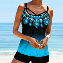 Load image into Gallery viewer, Women Beach Blue Print Backless 2 Piece Swimsuit Fashion Spaghetti Strap Female Bathing Suit Women's V Neck Tankini Set Back Tankini Top With Bikini Bottom Two Piece Bathing Suits Plus Size Swimwear
