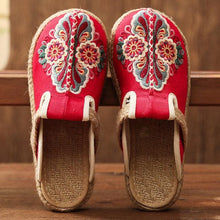 Load image into Gallery viewer, Women Casual Linen Handmade Mules Flat Slippers Retro Vegan Summer Canvas Comfortable Espadrille New Women Shoes Slides Flat Summer Style Handmade Retro Slippers
