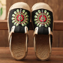 Load image into Gallery viewer, Women Casual Linen Handmade Mules Flat Slippers Retro Vegan Summer Canvas Comfortable Espadrille New Women Shoes Slides Flat Summer Style Handmade Retro Slippers
