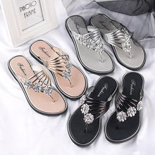 Load image into Gallery viewer, Women Fashion Silver High Quality Anti Skid Beach Sandals Lady Casual Golden Crystal Summer Home Sandals Women's T-Strap Thong Crystal Rhinestone Glitter Stretch Flat Sandal
