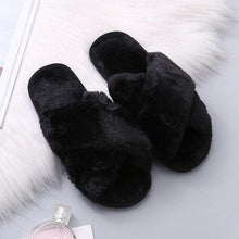 Load image into Gallery viewer, Women Fashion Warm Fluffy Slippers Cozy Faux Fur Cross Indoor Floor Slides Flat Soft Furry Flip Flops Cross Band Soft Plush Cozy House Shoes Furry Open Toe Indoor Outdoor Slip On Warm Breathable Anti-Skid Sole
